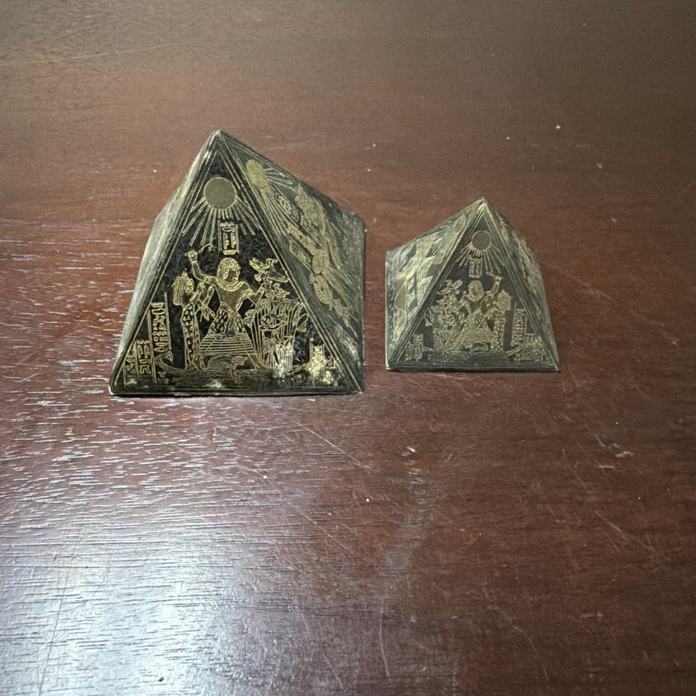 2 Vintage Black & Brass Etched Metal Pyramid Paperweight W/Egyptian Hieroglyphs